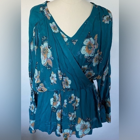 NWOT FREE PEOPLE Boho Tunic Top Kimono Teal Floral Mini Dress Size Small - Picture 2 of 8